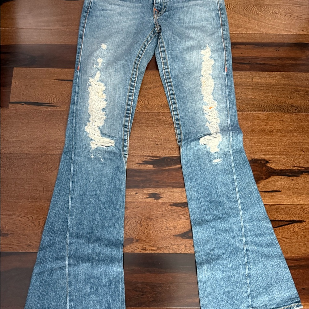 True Religion Light Blue Distressed Flare Jeans